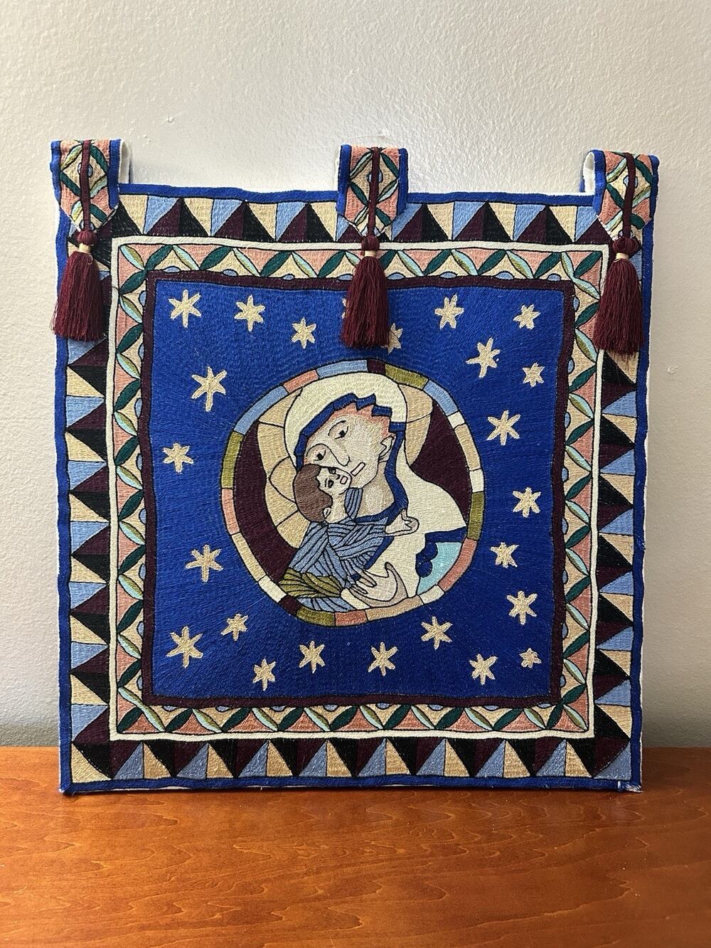 Hand Embroidered Nakshi Kantha Wall Tapestry Virgin Mary & Baby Jesus 18x18